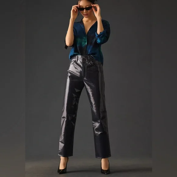 AGOLDE Recycled Leather 90's Pinch Waist Straight Leg Pants in Carbon (32) - Picture 14 of 14